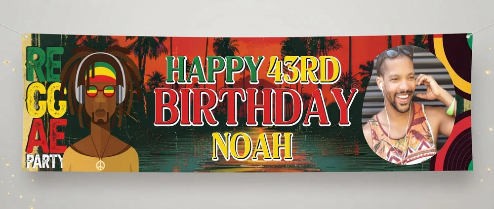 Personalised Reggae Theme Birthday Party Banner displayed against a plain studio background