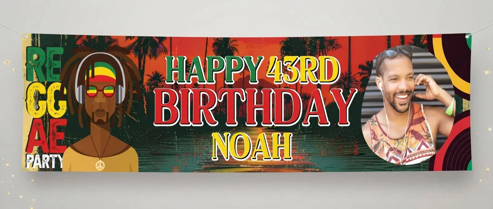 Personalised Reggae Theme Birthday Party Banner displayed against a plain studio background