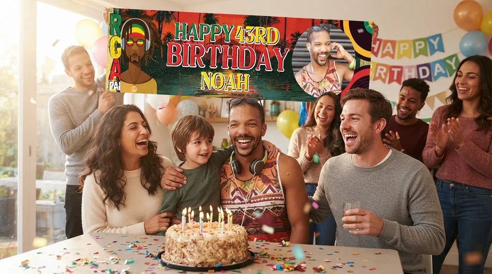 Friends and family celebrating with the personalised Reggae Theme Birthday Party Banner
