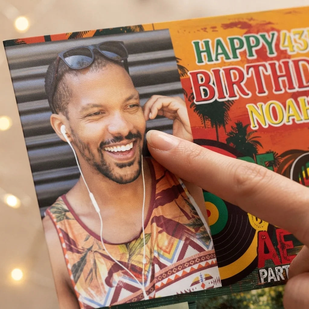 Close-up of the personalised name and photo printed on the Reggae Theme Birthday Party Mega Card