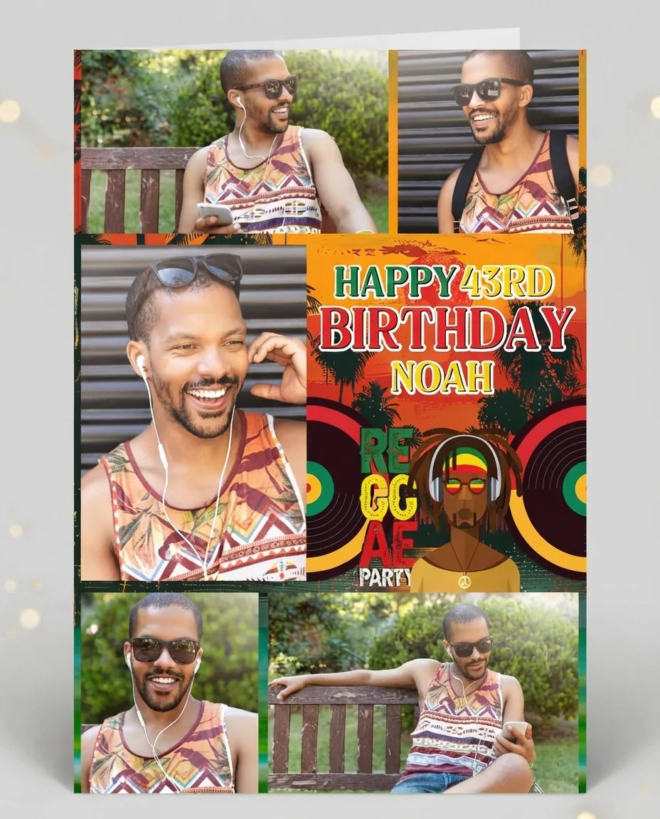 Personalised Reggae Theme Birthday Party Mega Card displayed against a plain studio background