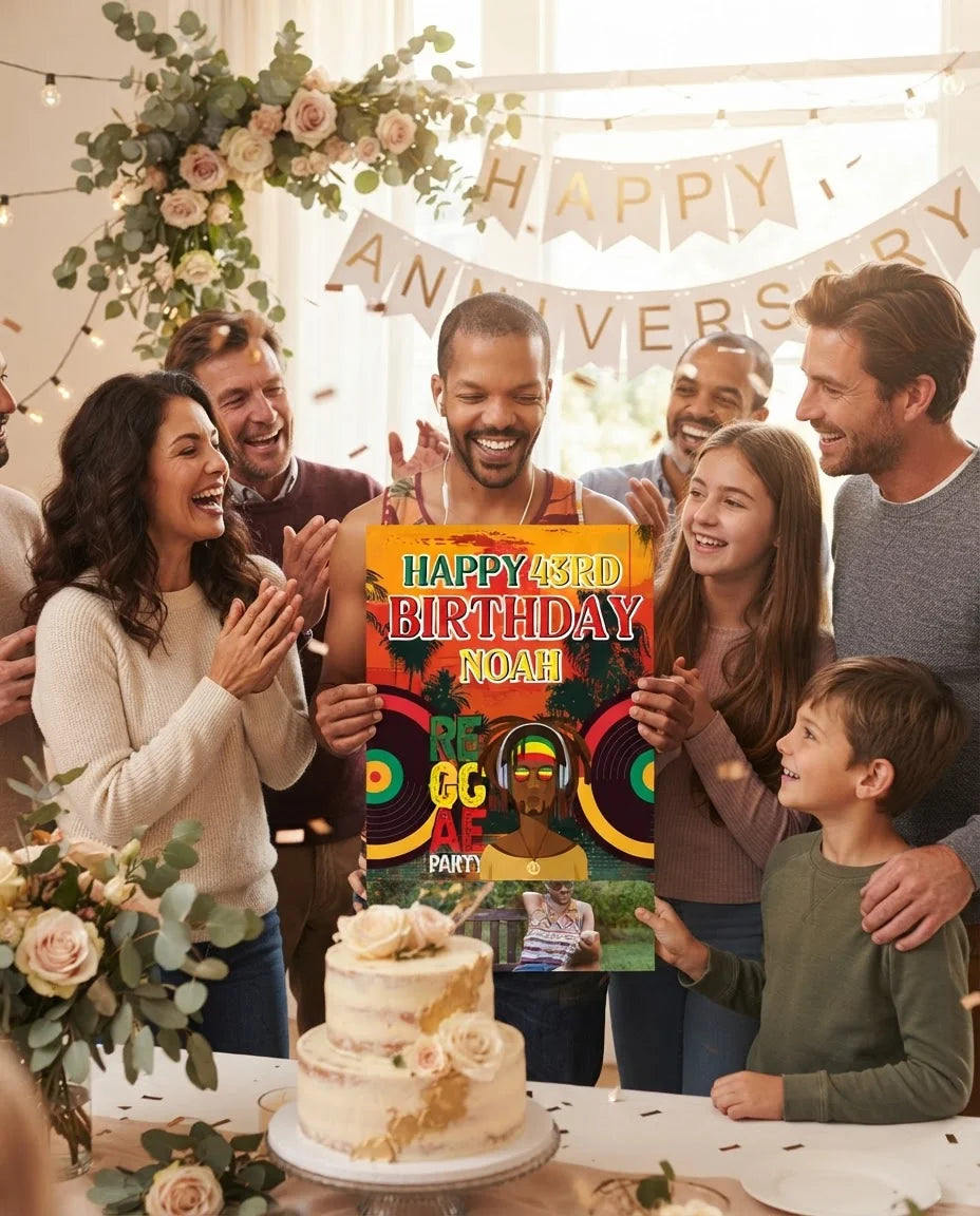 Friends and family celebrating with the personalised Reggae Theme Birthday Party Mega Card