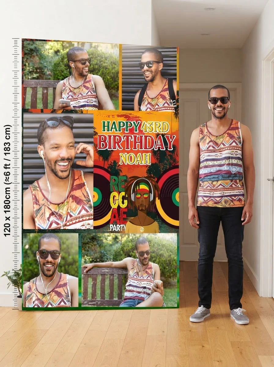 Person standing beside the Reggae Theme Birthday Party Mega Card for scale in a size guide