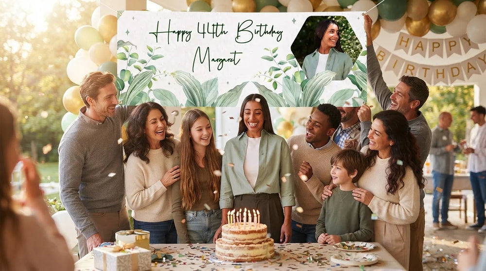 Friends and family celebrating with the personalised Botanical Theme Birthday Party Banner
