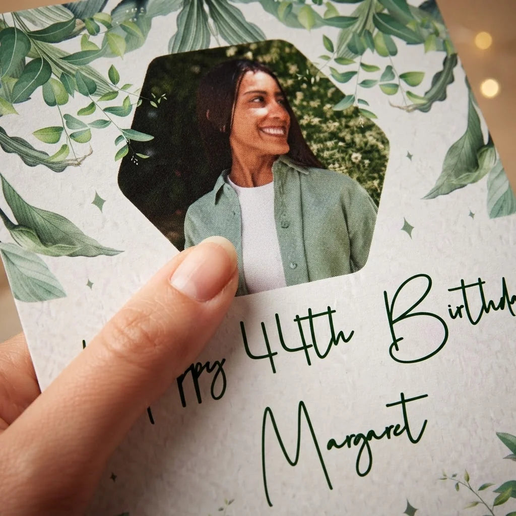 Close-up of the personalised name and photo printed on the Botanical Theme Birthday Party Mega Card