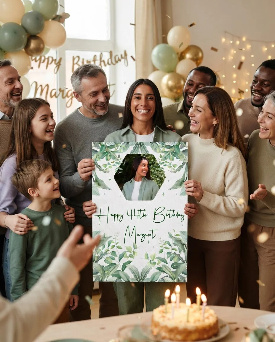 Friends and family celebrating with the personalised Botanical Theme Birthday Party Mega Card