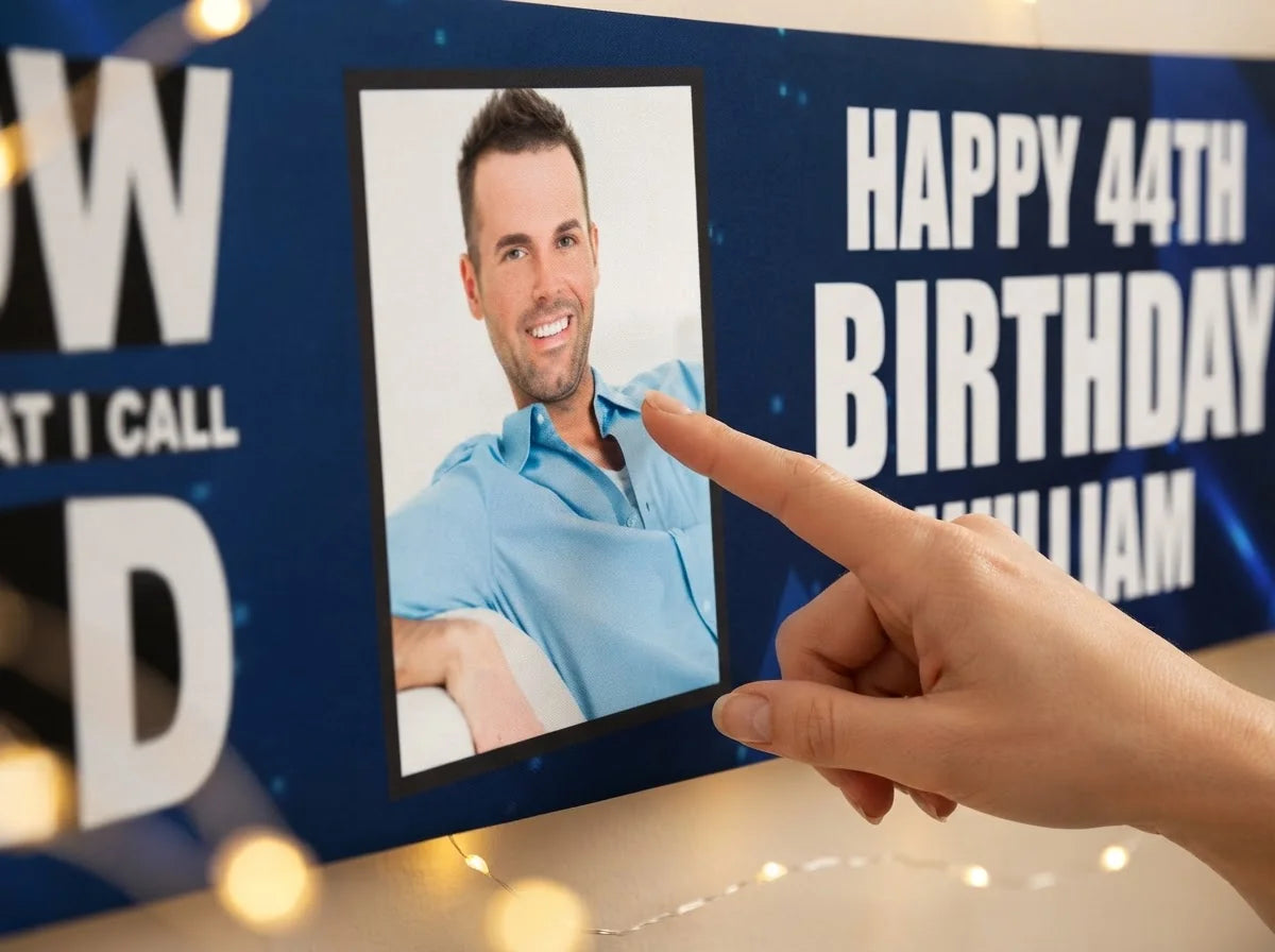 Close-up of the personalised name and photo printed on the Now That's What I'll Call Old Birthday Banner