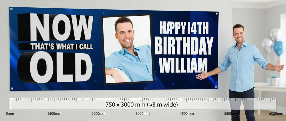 Person standing beside the Now That's What I'll Call Old Birthday Banner for scale, with size guide showing 750 x 3000 mm
