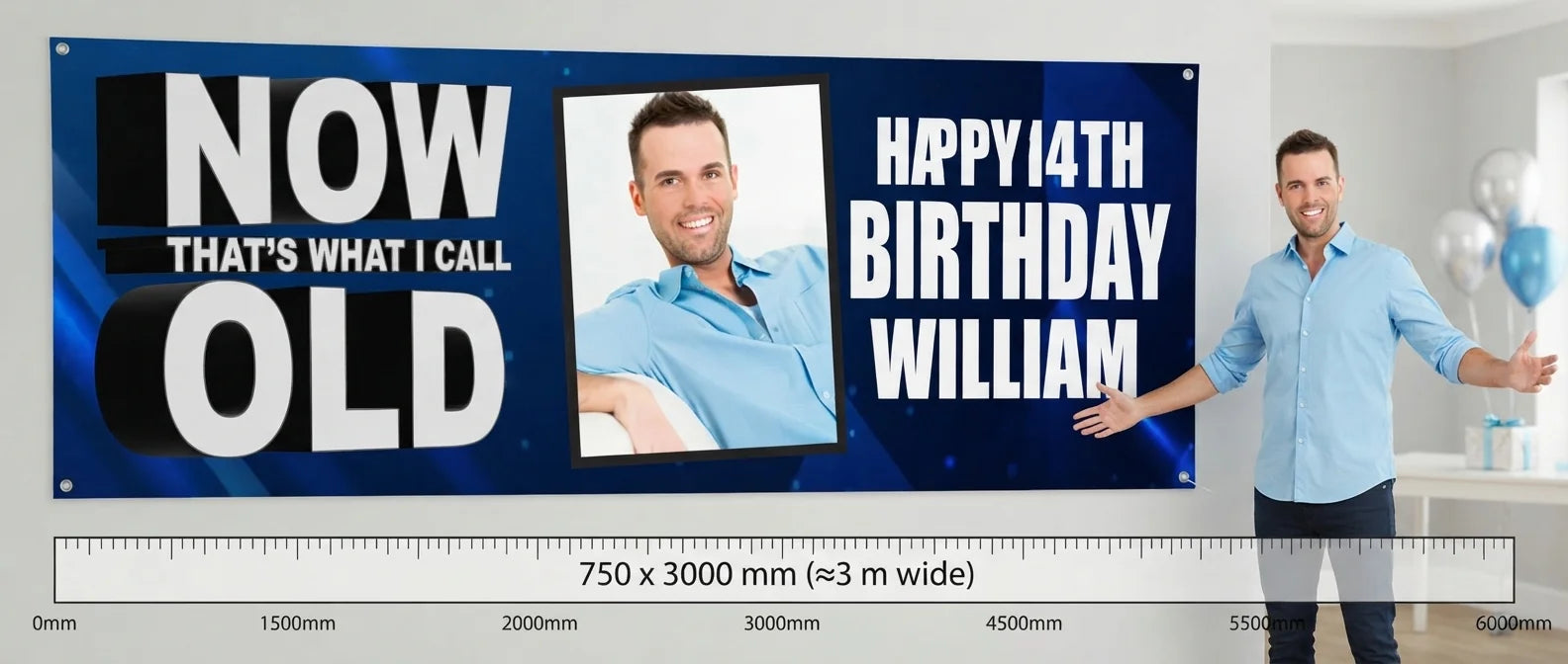 Person standing beside the Now That's What I'll Call Old Birthday Banner for scale, with size guide showing 750 x 3000 mm