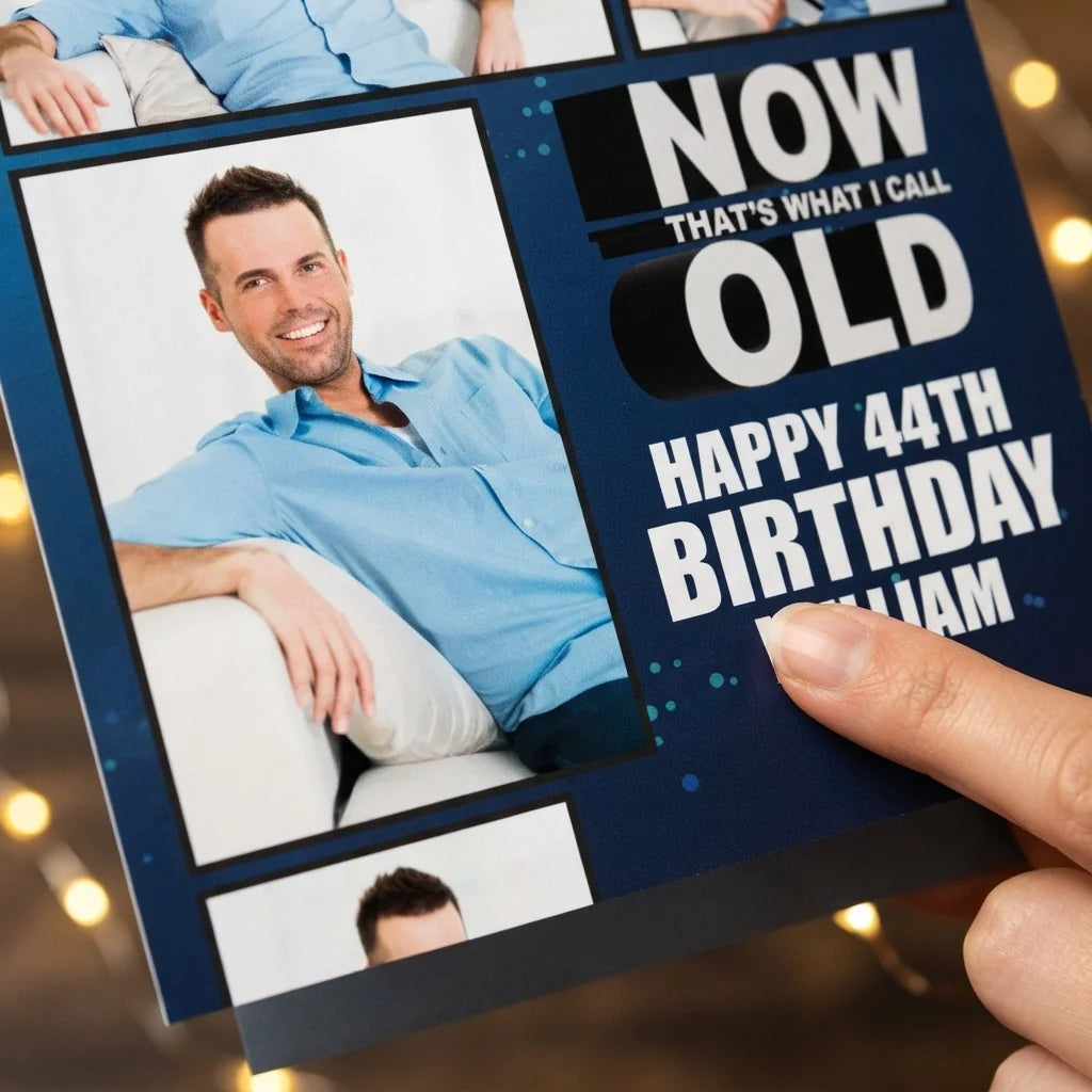 Close-up of the personalised name and photo printed on the Now That's What I'll Call Old Birthday Mega Card