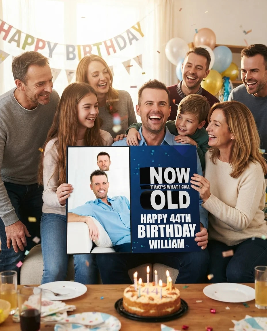 Friends and family celebrating with the personalised Now That's What I'll Call Old Birthday Mega Card