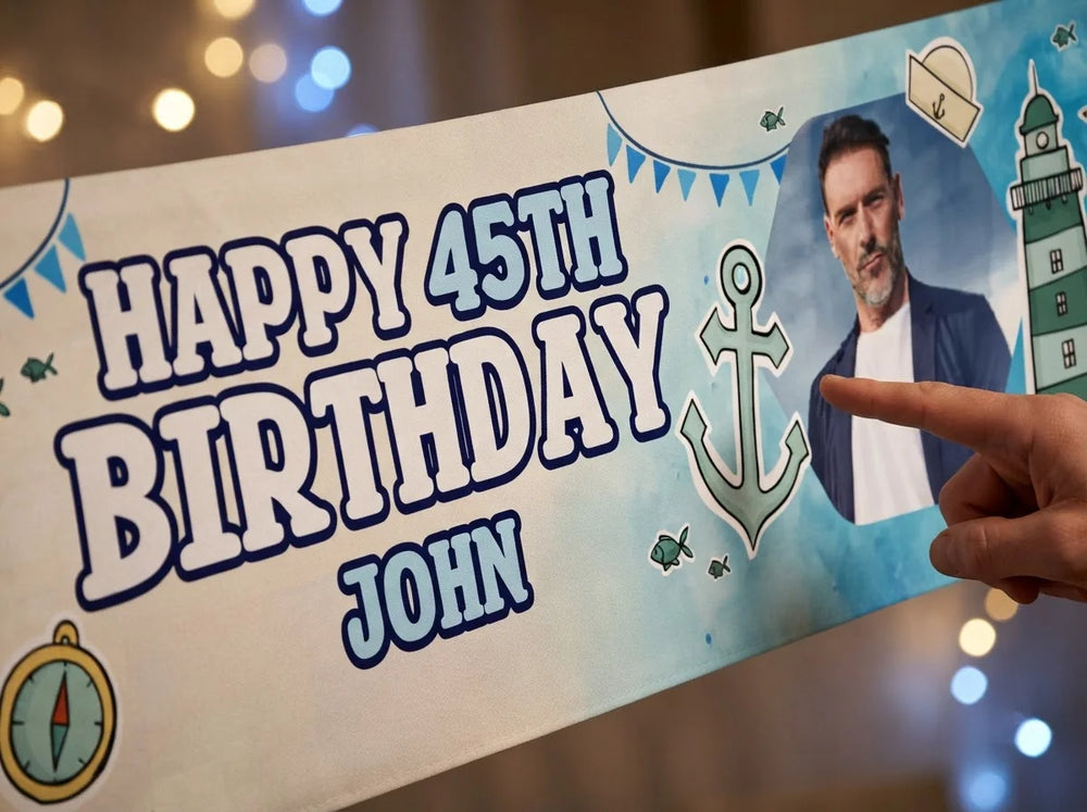 Close-up of the personalised name and photo printed on the Nautical Birthday Party Banner
