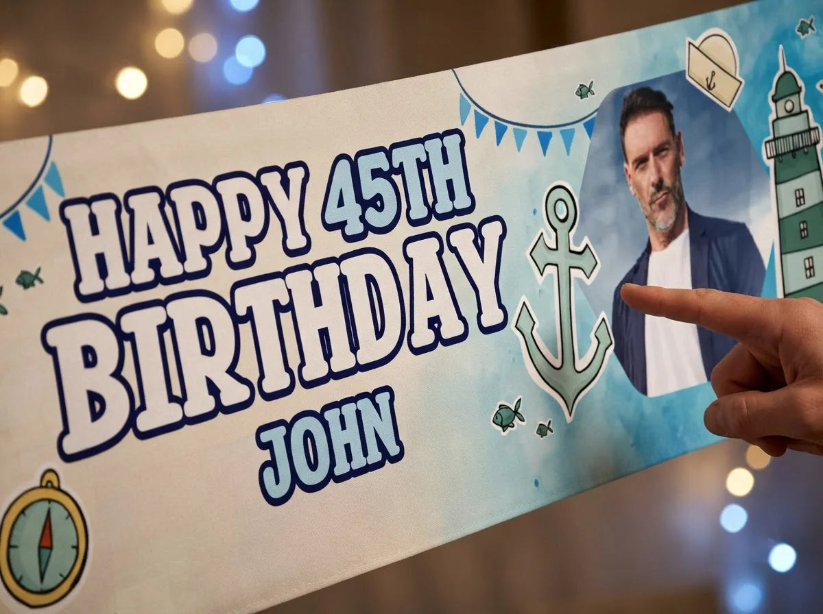 Close-up of the personalised name and photo printed on the Nautical Birthday Party Banner