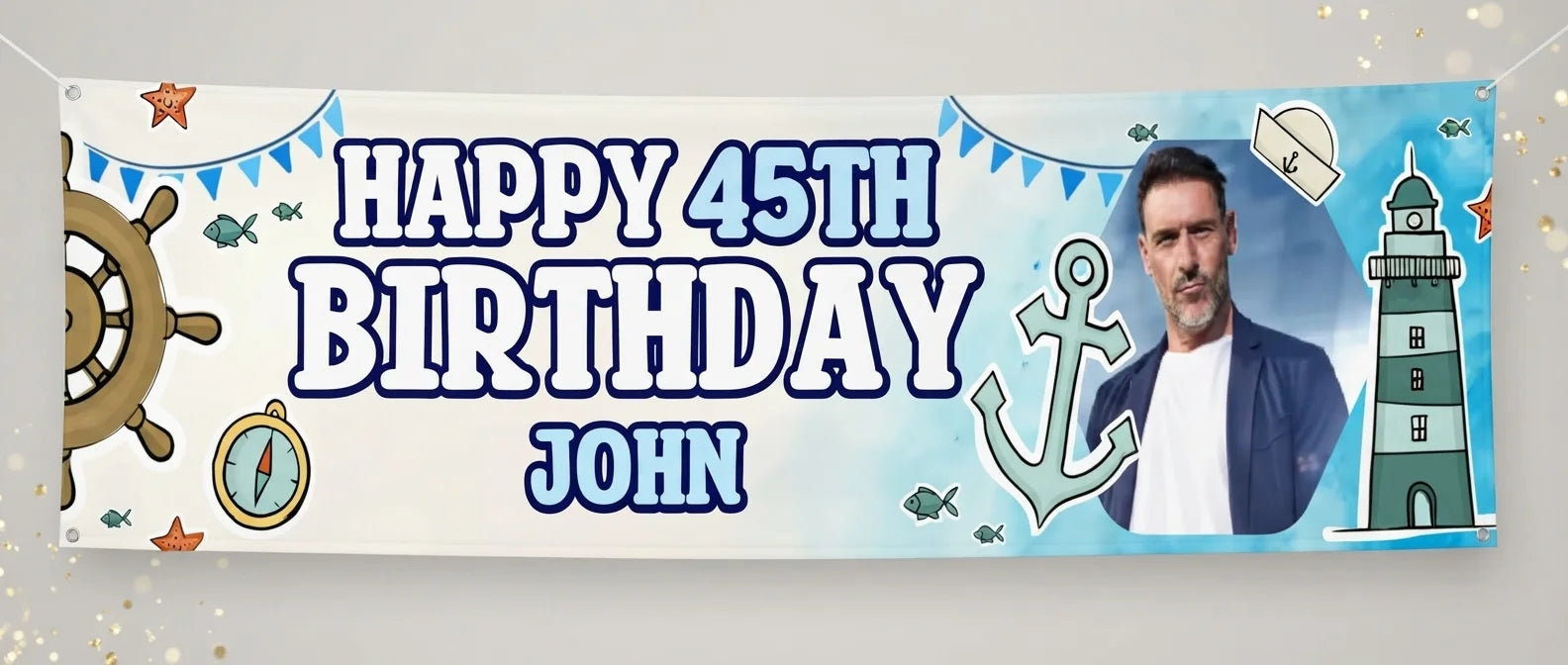 Personalised Nautical Birthday Party Banner displayed against a plain studio background