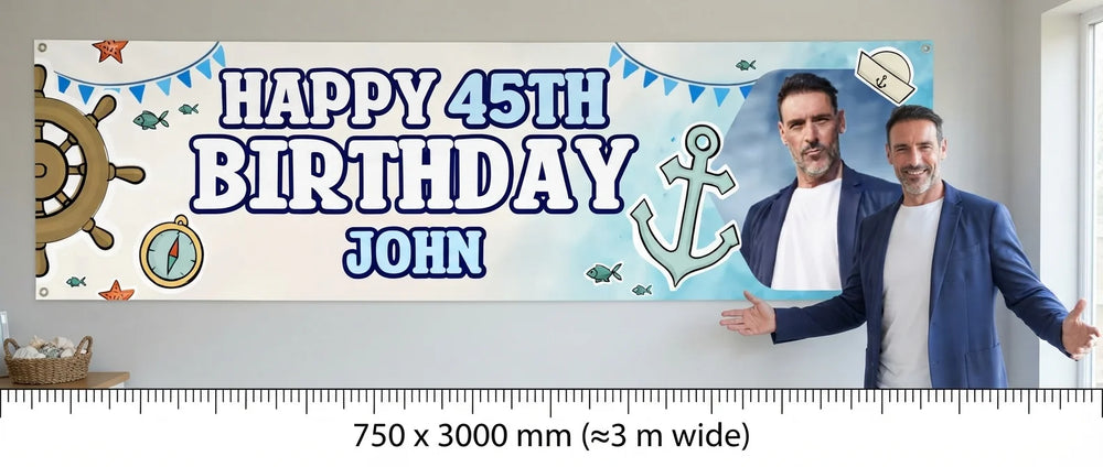Person standing beside the Nautical Birthday Party Banner for scale, with size guide showing 750 x 3000 mm