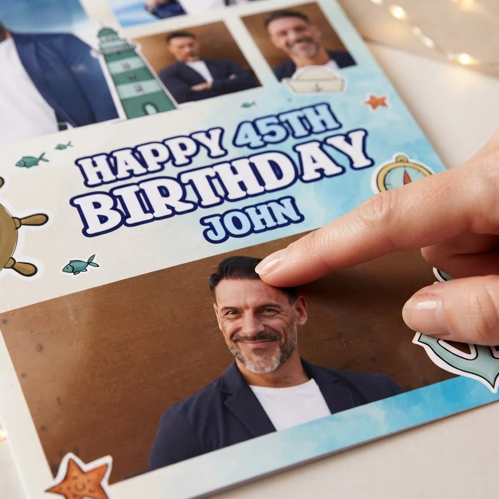 Close-up of the personalised name and photo printed on the Nautical Birthday Party Mega Card