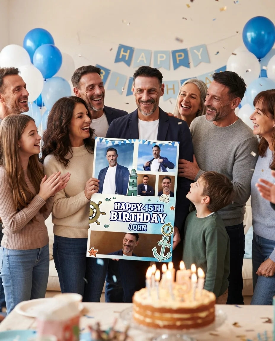 Friends and family celebrating with the personalised Nautical Birthday Party Mega Card