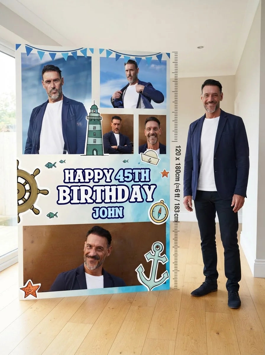 Person standing beside the Nautical Birthday Party Mega Card for scale in a size guide