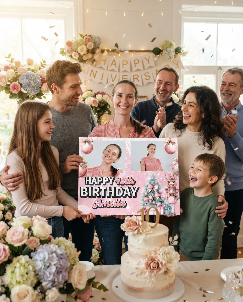 Friends and family celebrating with the personalised Pink Christmas Birthday Party Mega Card