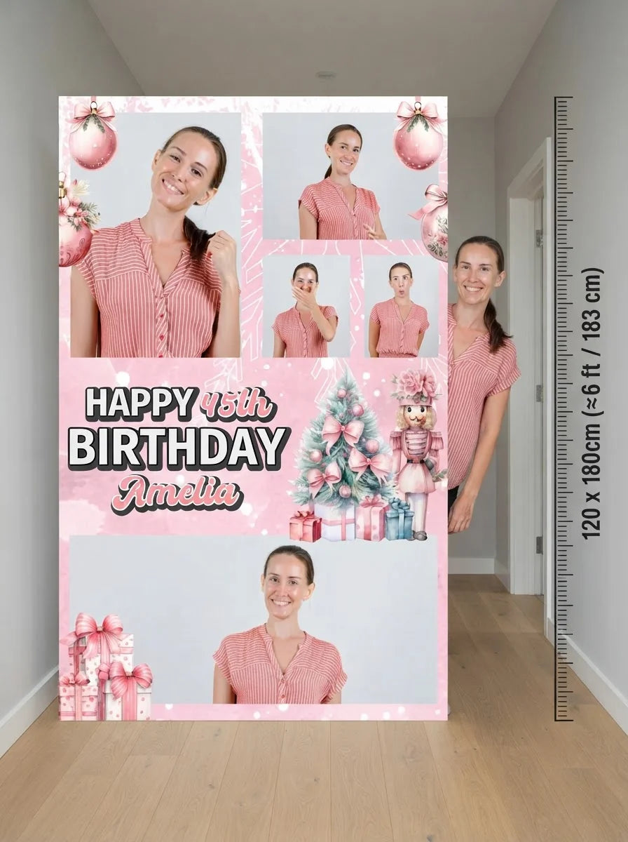 Person standing beside the Pink Christmas Birthday Party Mega Card for scale in a size guide