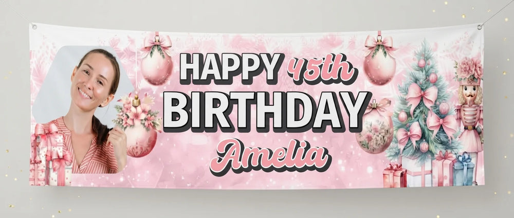 Personalised Pink Christmas Birthday Party Banner displayed against a plain studio background