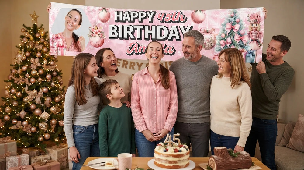 Friends and family celebrating with the personalised Pink Christmas Birthday Party Banner