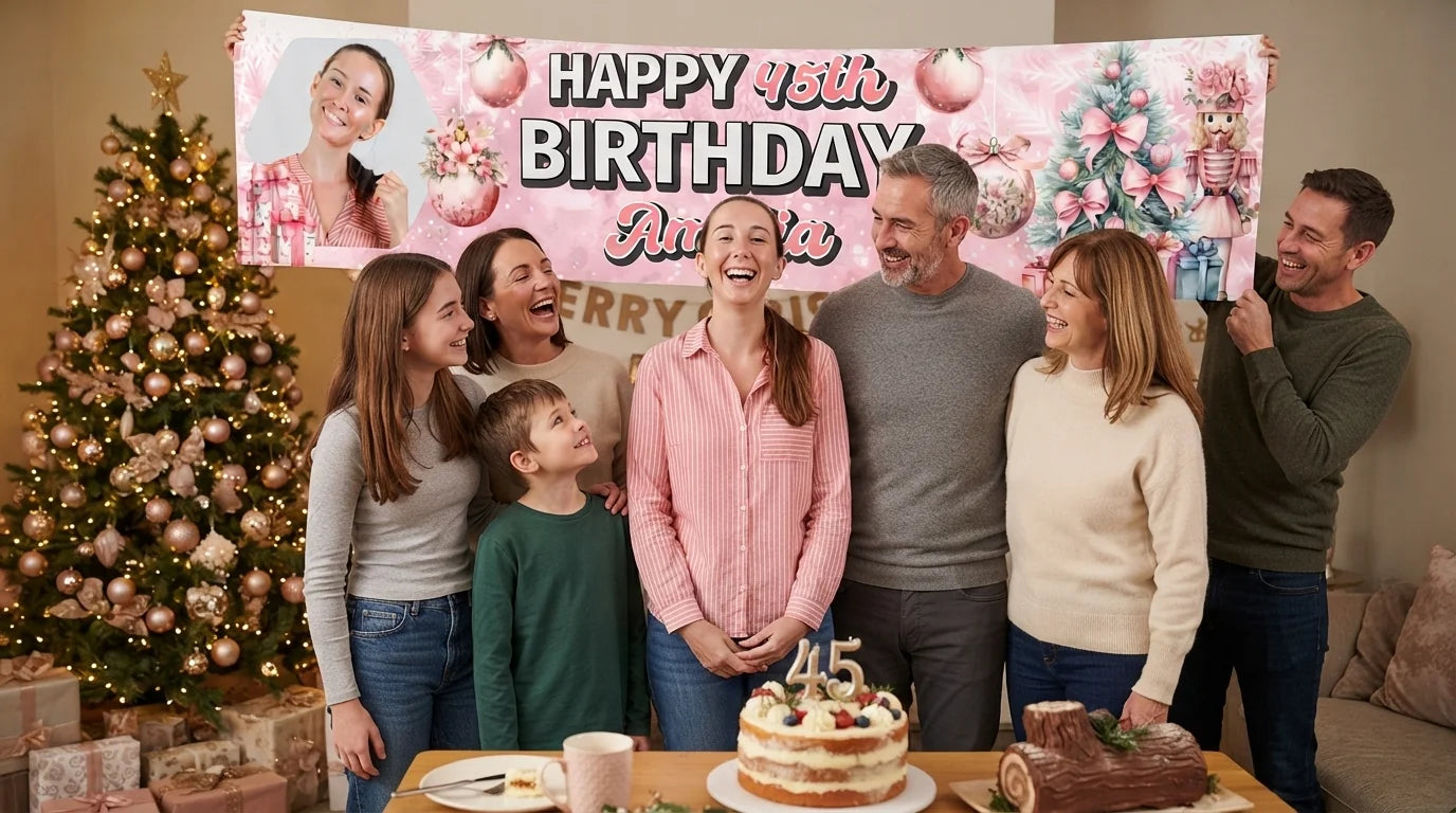 Friends and family celebrating with the personalised Pink Christmas Birthday Party Banner