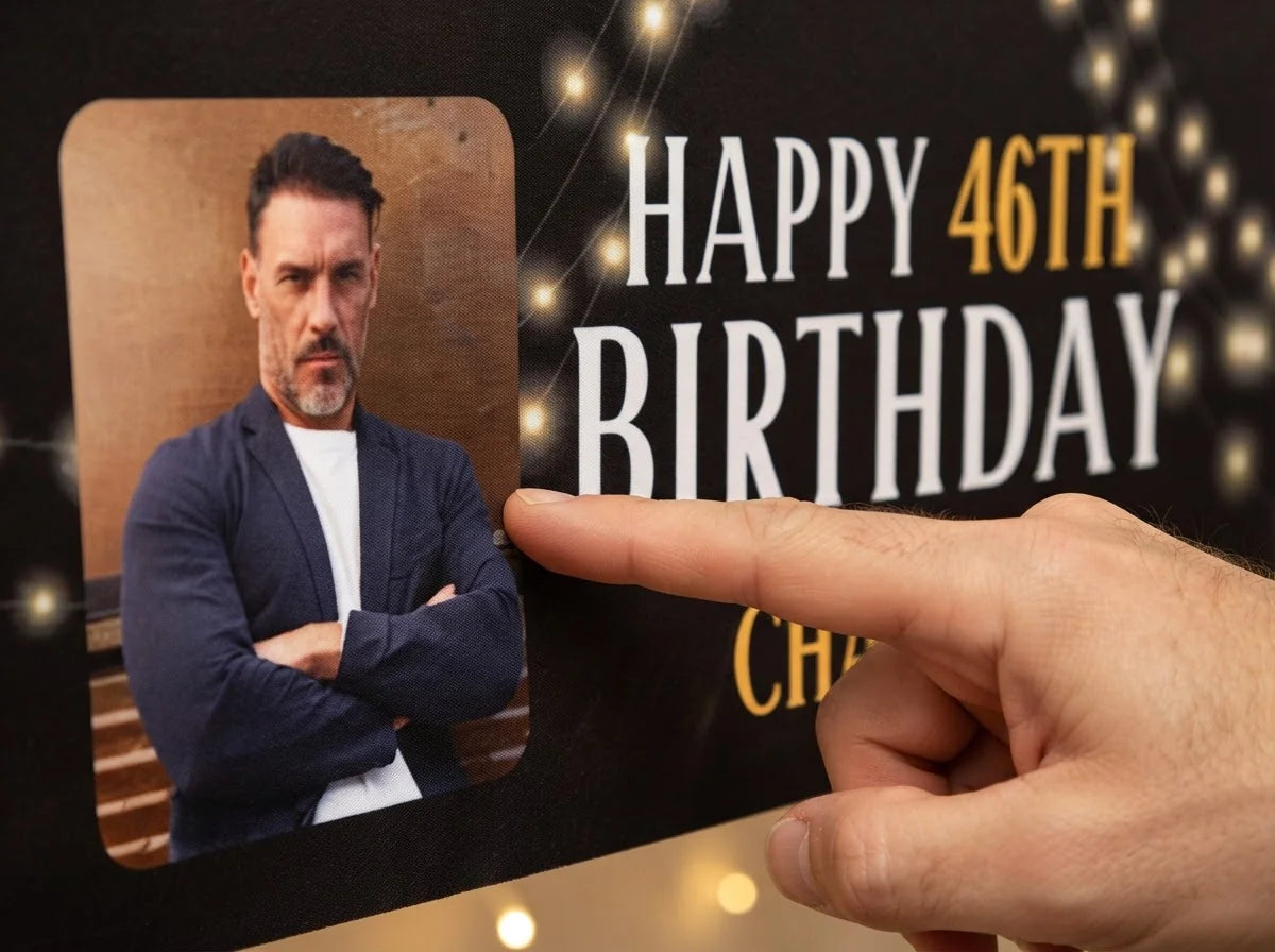 Close-up of the personalised name and photo printed on the Beer Celebrations Birthday Party Banner