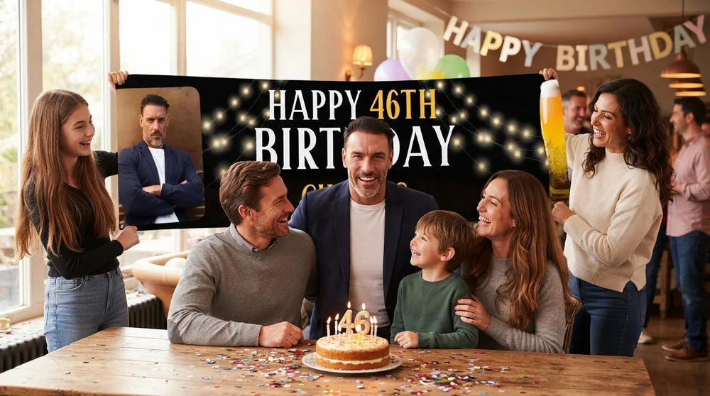 Friends and family celebrating with the personalised Beer Celebrations Birthday Party Banner