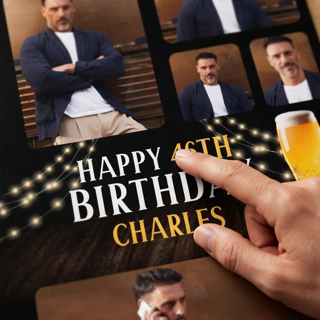 Close-up of the personalised name and photo printed on the Beer Celebrations Birthday Party Mega Card