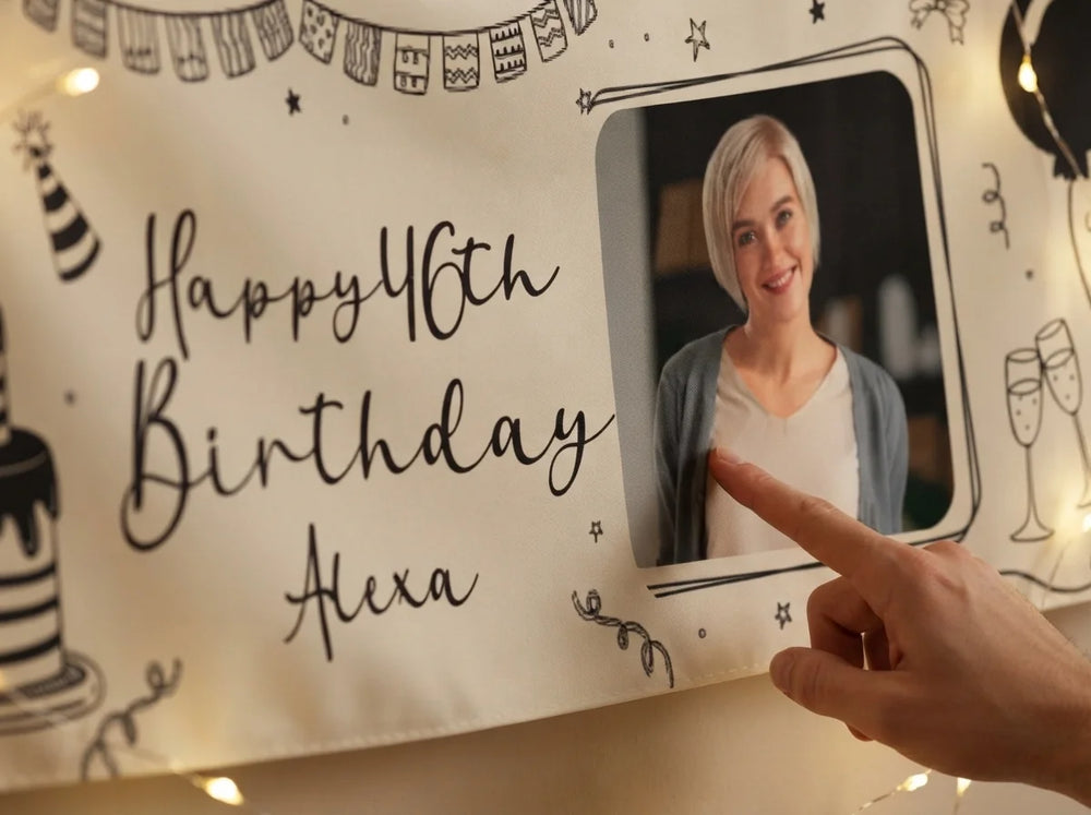 Close-up of the personalised name and photo printed on the Handdrawn Scribble Birthday Party Banner