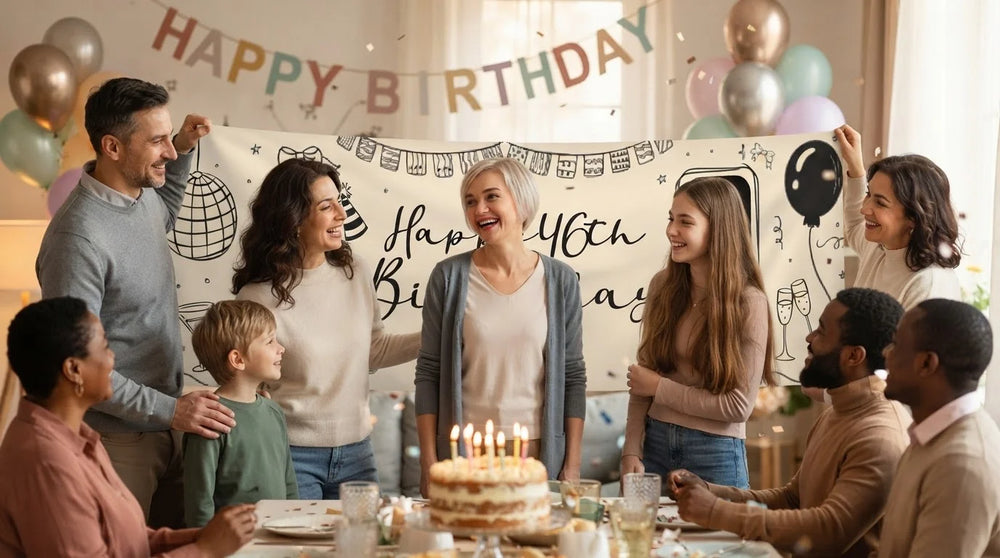 Friends and family celebrating with the personalised Handdrawn Scribble Birthday Party Banner