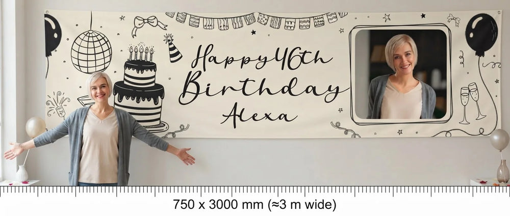Person standing beside the Handdrawn Scribble Birthday Party Banner for scale, with size guide showing 750 x 3000 mm