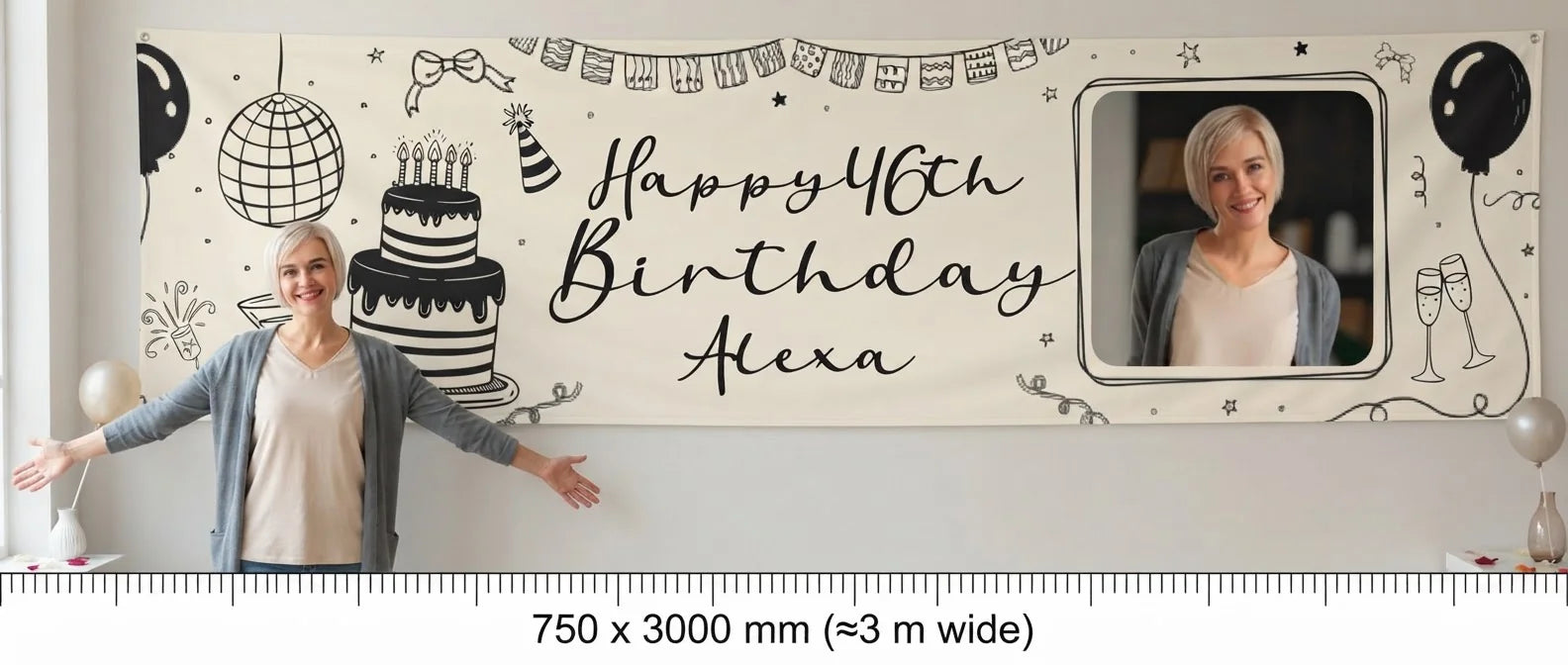 Person standing beside the Handdrawn Scribble Birthday Party Banner for scale, with size guide showing 750 x 3000 mm