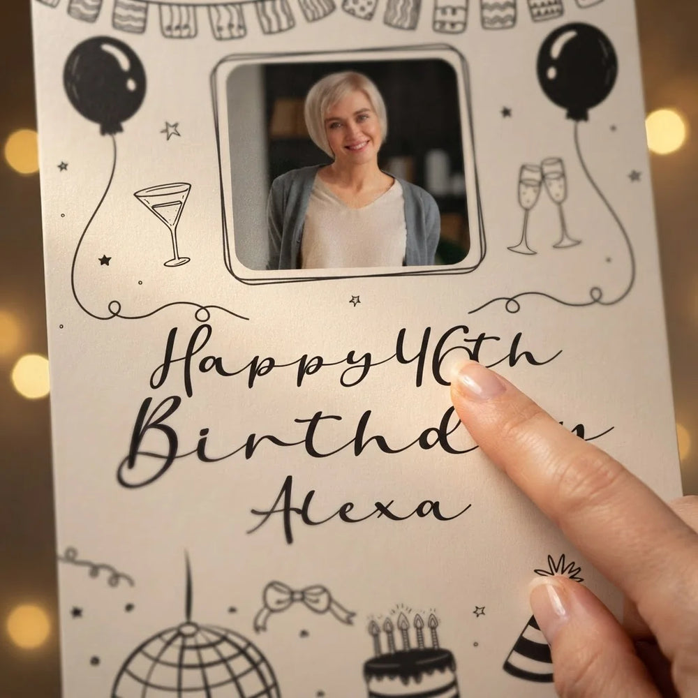 Close-up of the personalised name and photo printed on the Handdrawn Scribble Birthday Party Mega Card