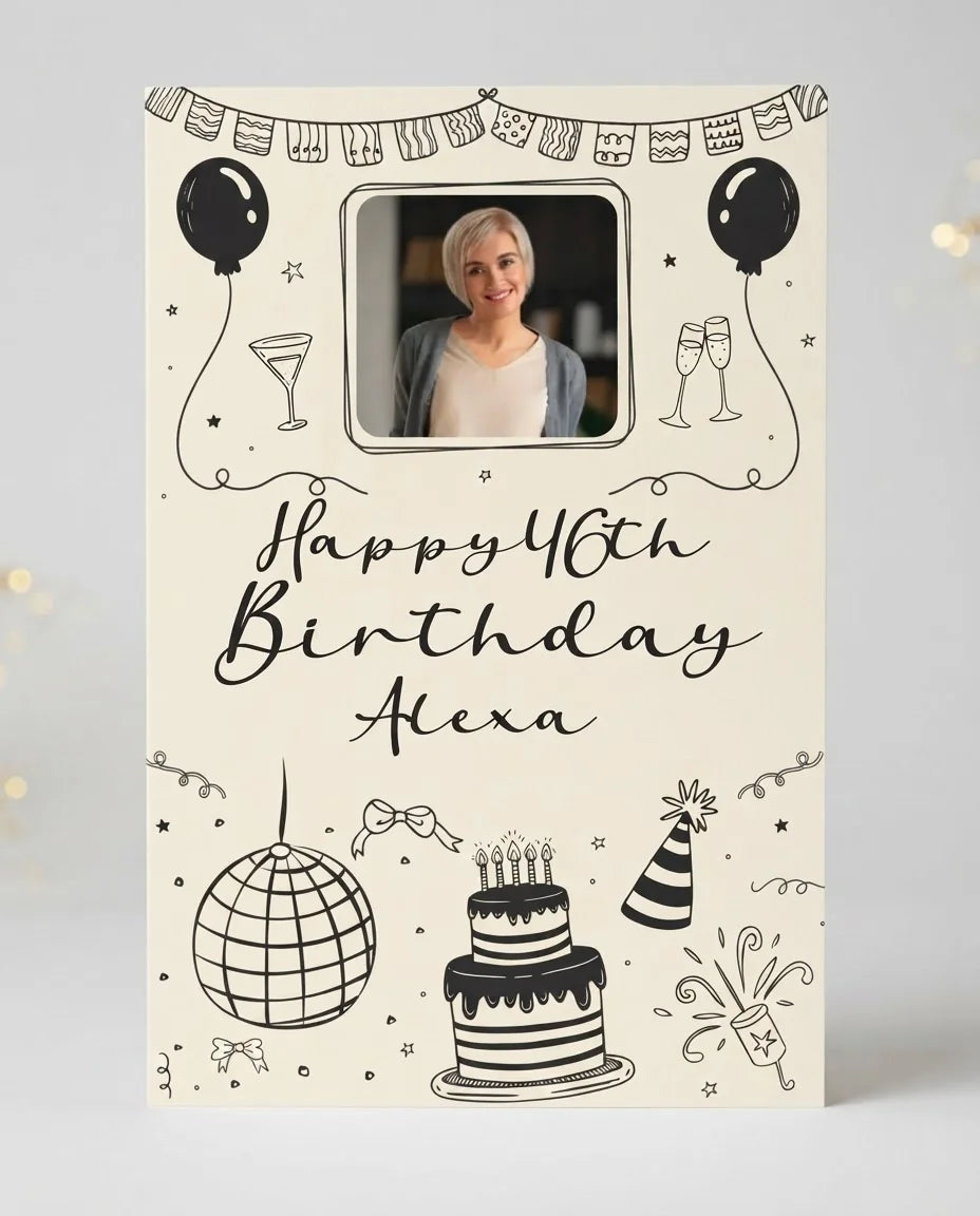 Personalised Handdrawn Scribble Birthday Party Mega Card displayed against a plain studio background
