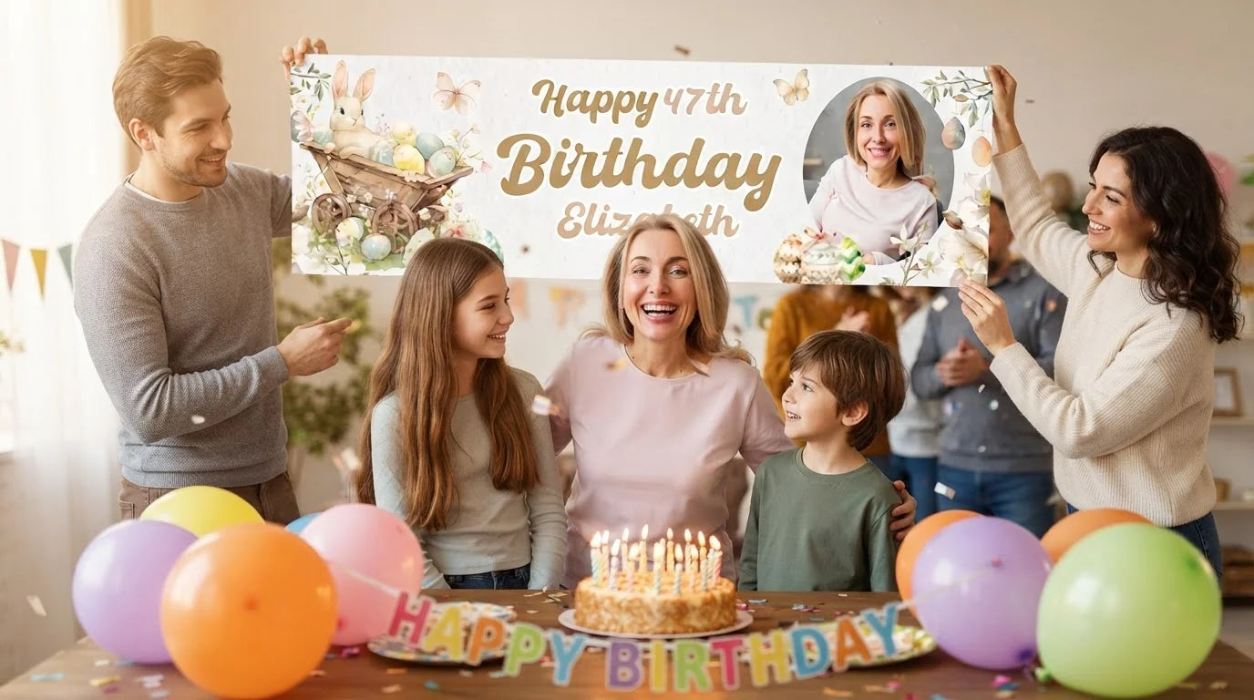 Friends and family celebrating with the personalised Easter Theme Birthday Party Banner