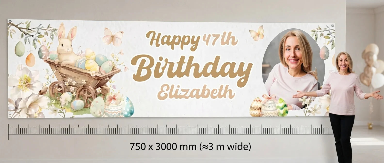 Person standing beside the Easter Theme Birthday Party Banner for scale, with size guide showing 750 x 3000 mm