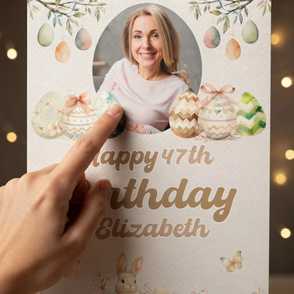 Close-up of the personalised name and photo printed on the Easter Theme Birthday Party Mega Card