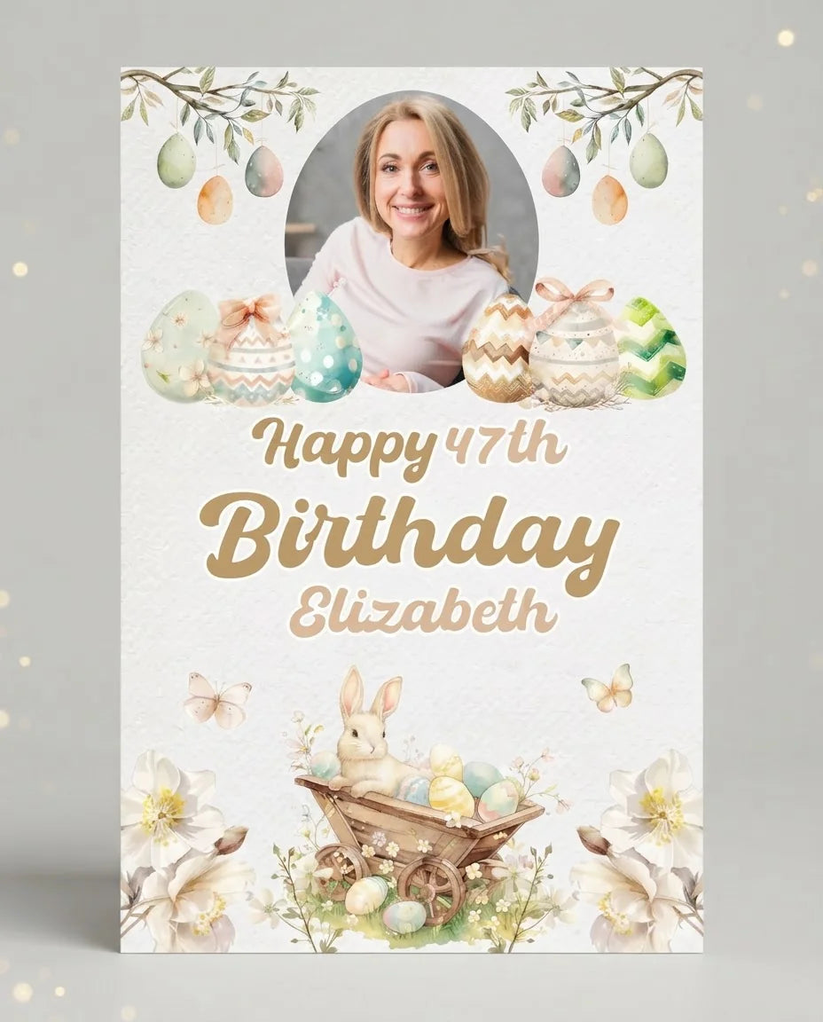 Personalised Easter Theme Birthday Party Mega Card displayed against a plain studio background