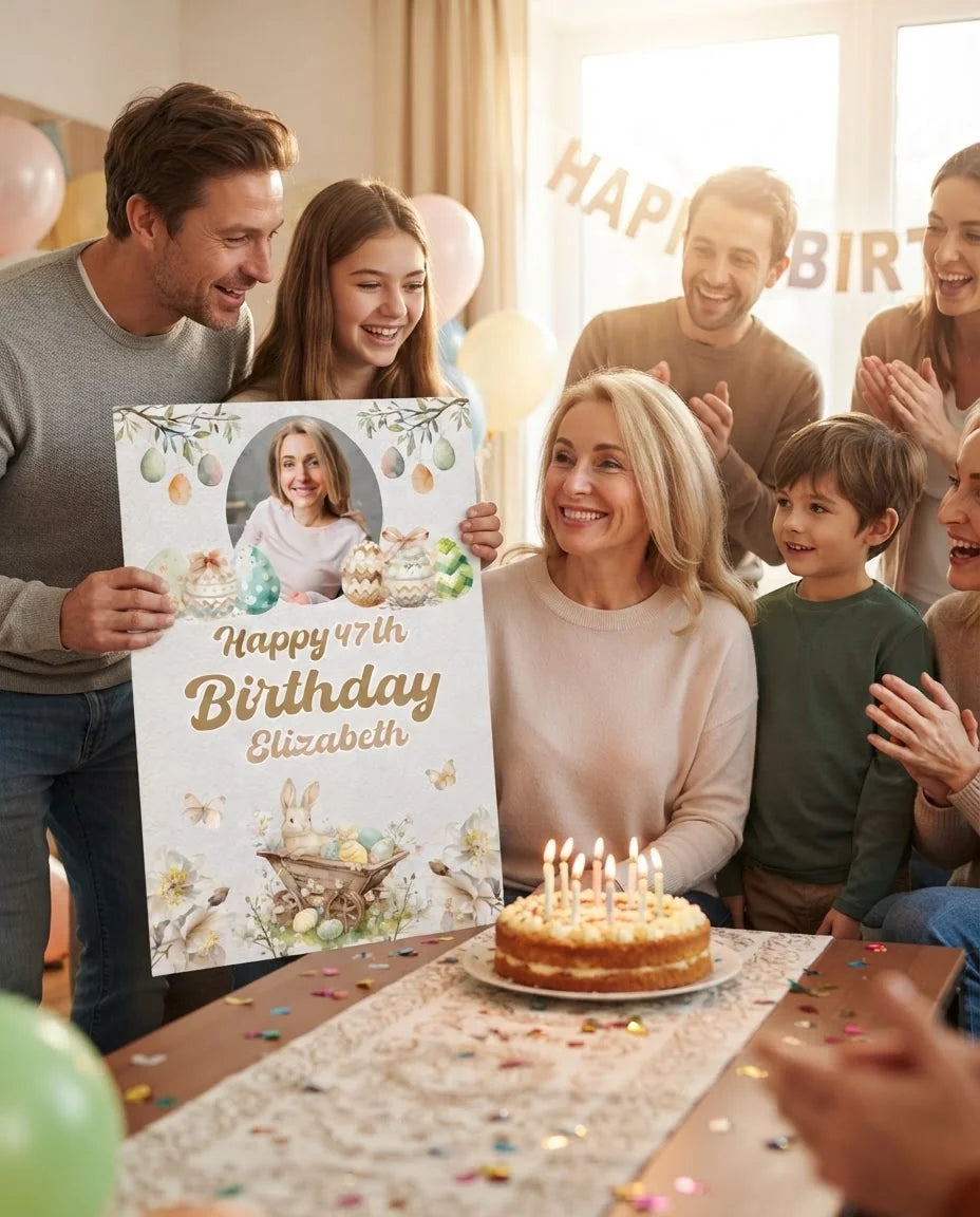 Friends and family celebrating with the personalised Easter Theme Birthday Party Mega Card