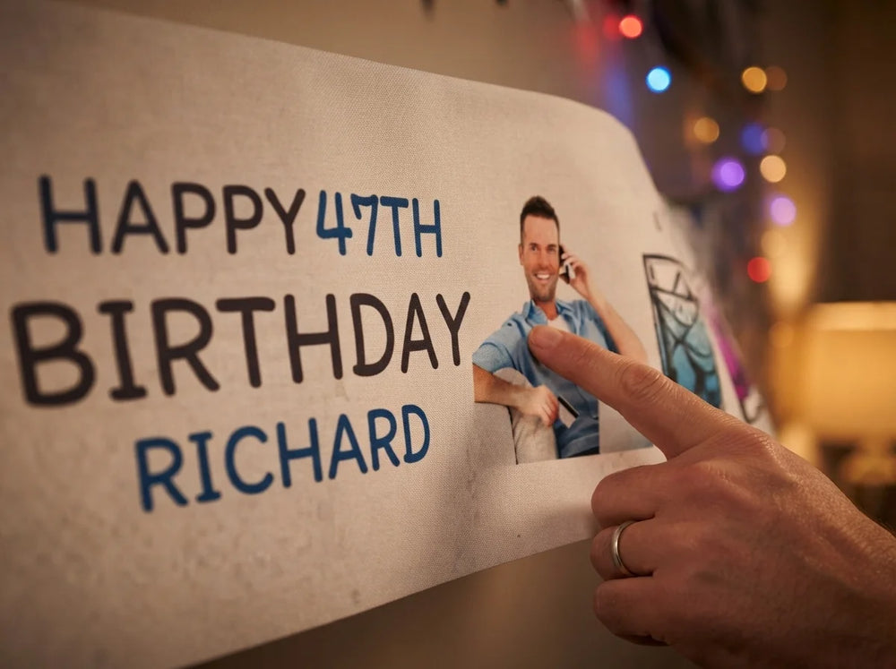 Close-up of the personalised name and photo printed on the Handdrawn Cocktail Birthday Party Banner