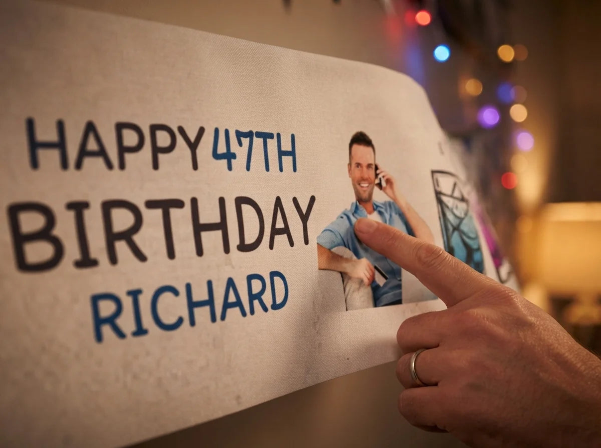 Close-up of the personalised name and photo printed on the Handdrawn Cocktail Birthday Party Banner