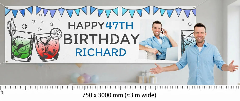 Person standing beside the Handdrawn Cocktail Birthday Party Banner for scale, with size guide showing 750 x 3000 mm