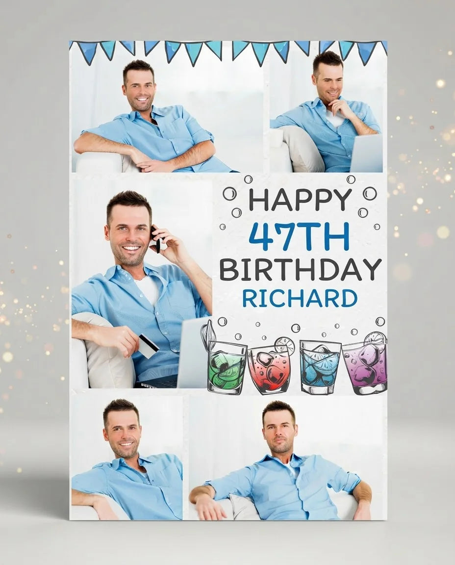 Personalised Handdrawn Cocktail Birthday Party Mega Card displayed against a plain studio background