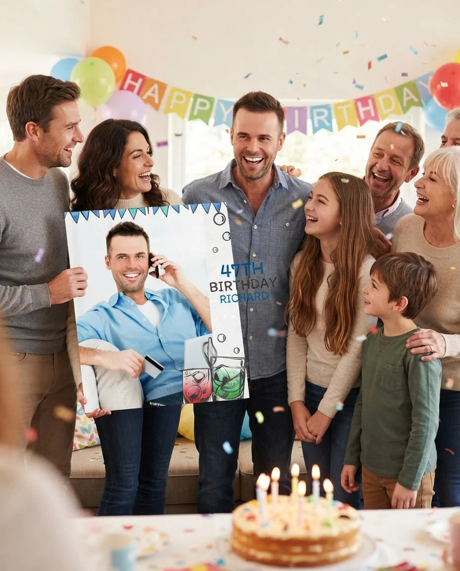 Friends and family celebrating with the personalised Handdrawn Cocktail Birthday Party Mega Card