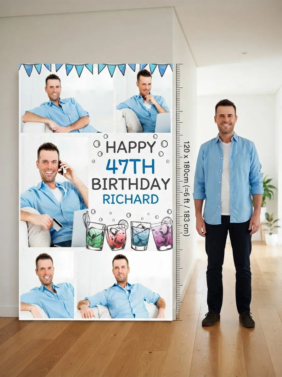 Person standing beside the Handdrawn Cocktail Birthday Party Mega Card for scale in a size guide