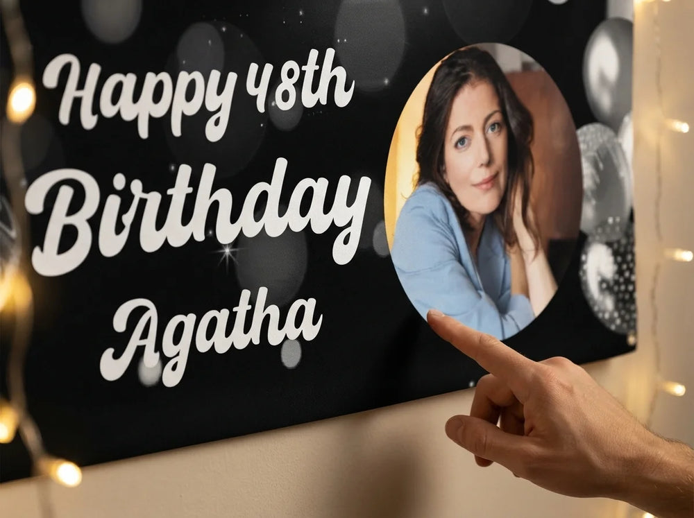 Close-up of the personalised name and photo printed on the Silver Balloons Birthday Party Banner