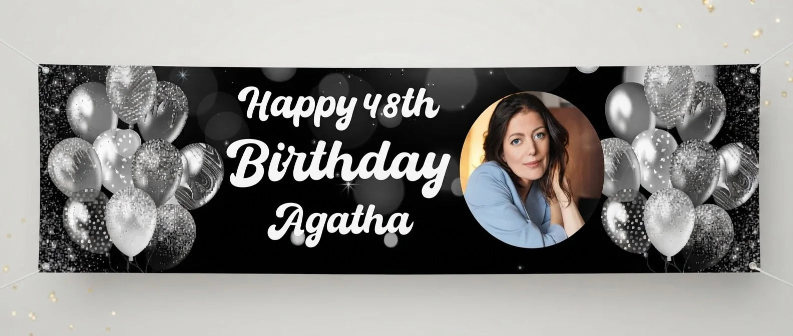 Personalised Silver Balloons Birthday Party Banner displayed against a plain studio background