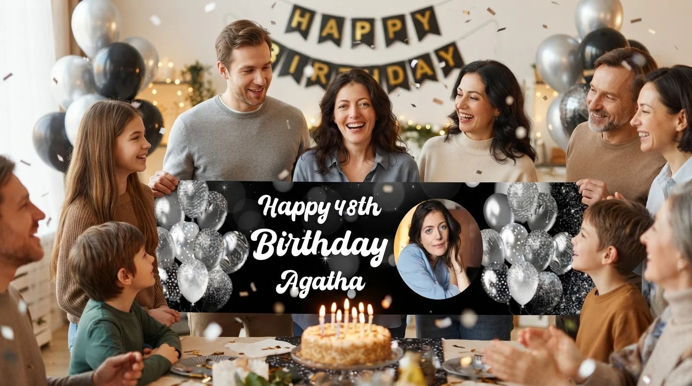 Friends and family celebrating with the personalised Silver Balloons Birthday Party Banner